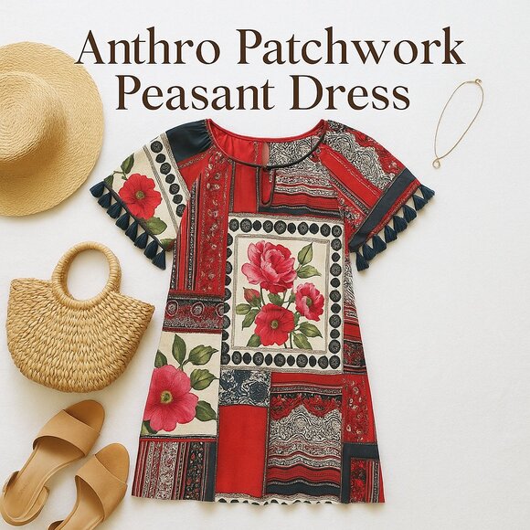 Vanessa Virginia Vintage-Inspired Red Floral Patchwork Dress Boho Summer Mini XS - Picture 1 of 15